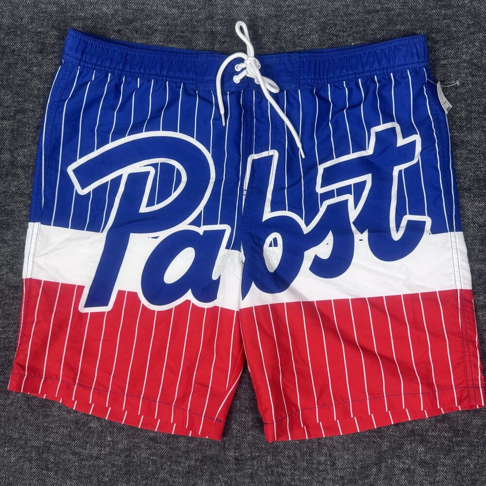 Pabst Blue Ribbon Men's Swim Board Shorts Size Large Patriotic Red White Blue